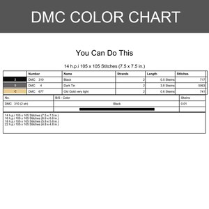 May include: A DMC colour chart with the text "DMC COLOR CHART" at the top. The chart includes colour numbers, names, strands, length, and stitches. The text "You Can Do This" is also present. Measurements are in inches.
