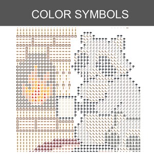 Puede incluir: Un patr&oacute;n de punto de cruz titulado COLOR SYMBOLS que muestra una cuadr&iacute;cula con diversos s&iacute;mbolos, incluyendo flechas, cuadrados, c&iacute;rculos, paraguas, letras y n&uacute;meros en tonos marrones, negros, rojos y naranjas sobre fondo blanco.