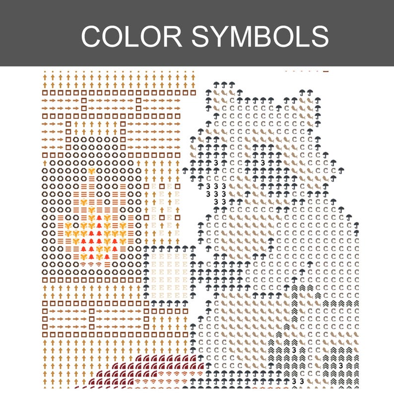 Puede incluir: Un patr&oacute;n de punto de cruz titulado COLOR SYMBOLS que muestra una cuadr&iacute;cula con diversos s&iacute;mbolos, incluyendo flechas, cuadrados, c&iacute;rculos, paraguas, letras y n&uacute;meros en tonos marrones, negros, rojos y naranjas sobre fondo blanco.