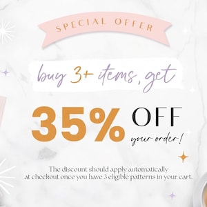 May include: A promotional graphic on a white marble background featuring a pink banner with the text SPECIAL OFFER. Below, purple script reads buy 3+ items, get, followed by large orange and black text 35% OFF your order! and additional text.