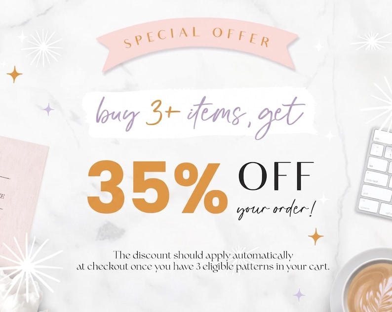 May include: A promotional graphic on a white marble background featuring a pink banner with the text SPECIAL OFFER. Below, purple script reads buy 3+ items, get, followed by large orange and black text 35% OFF your order! and additional text.