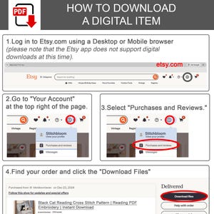 May include: An instructional graphic titled HOW TO DOWNLOAD A DIGITAL ITEM. It outlines four steps for Etsy users: logging into a browser, navigating to Your Account, selecting Purchases and Reviews, and clicking the Download Files button.