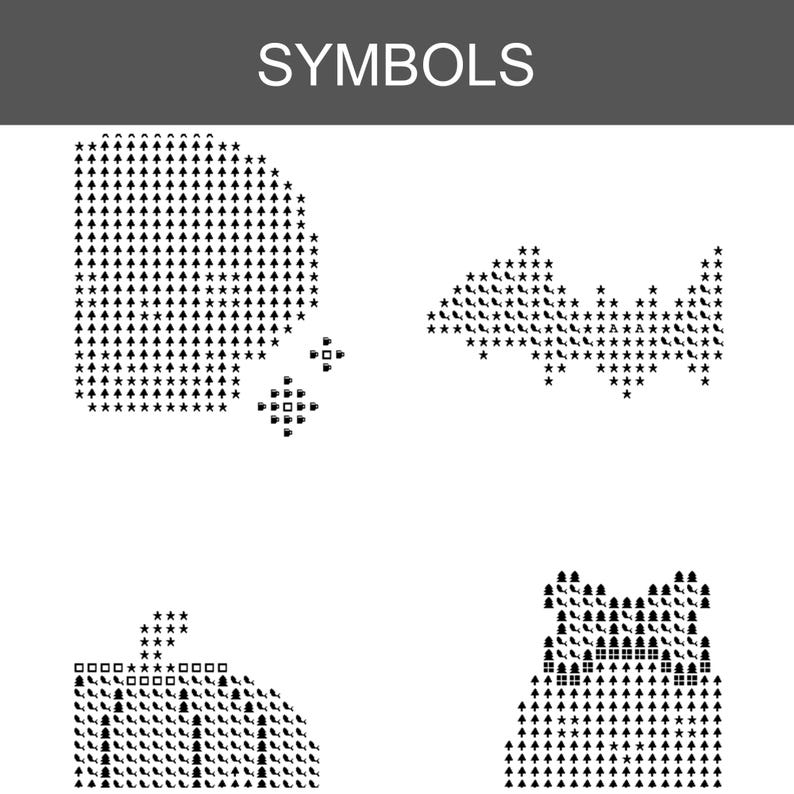 K&ouml;nnte beinhalten: Ein Grafikdesign mit dem Titel SYMBOLS, das vier verschiedene Formen aus kleinen schwarzen Symbolen zeigt. Die Formen umfassen eine Tasse, eine Fledermaus, einen K&uuml;rbis und eine Katze, angeordnet auf wei&szlig;em Grund mit wiederkehrenden Motiven.