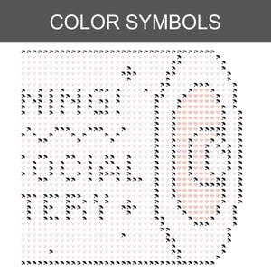 May include: A cross-stitch pattern chart titled COLOR SYMBOLS featuring a grid of light gray symbols. The design includes black umbrella icons forming the text MINGO SOCIAL TERY and a vertical oval shape filled with light pink heart icons.