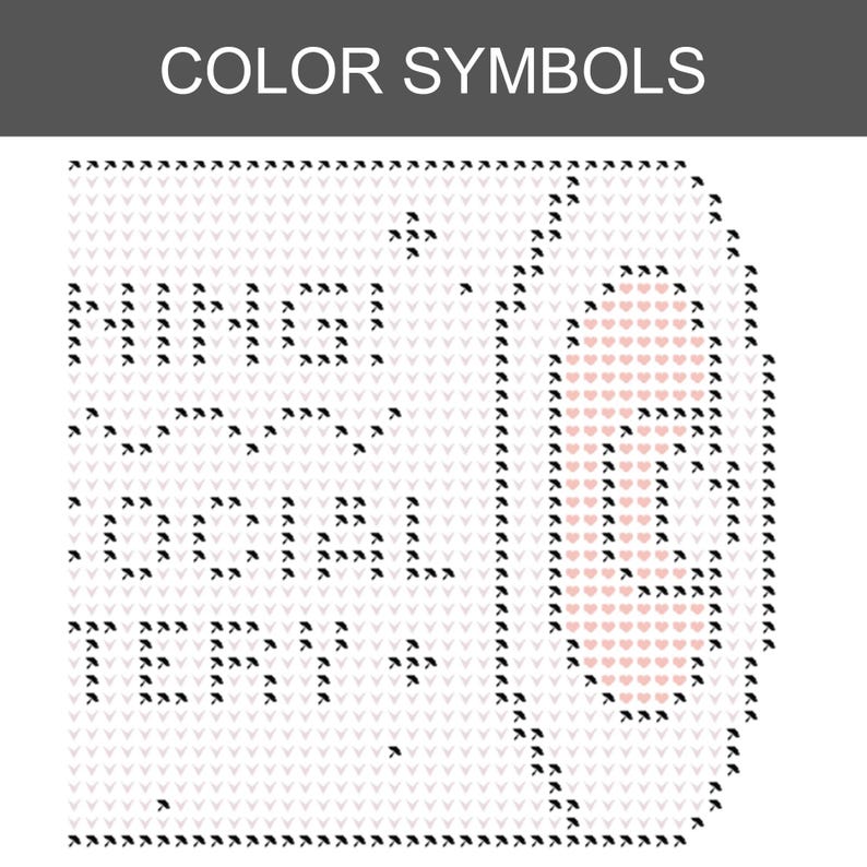 May include: A cross-stitch pattern chart titled COLOR SYMBOLS featuring a grid of light gray symbols. The design includes black umbrella icons forming the text MINGO SOCIAL TERY and a vertical oval shape filled with light pink heart icons.