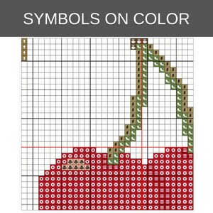 May include: A cross-stitch pattern chart titled SYMBOLS ON COLOR featuring a grid with red squares marked by white stars, green squares with white leaf icons, and brown squares with coffee cup icons, organised to form a cherry design.