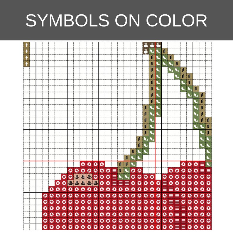 May include: A cross-stitch pattern chart titled SYMBOLS ON COLOR featuring a grid with red squares marked by white stars, green squares with white leaf icons, and brown squares with coffee cup icons, organised to form a cherry design.