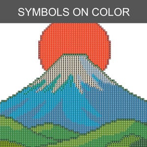 Op de afbeelding: Een diamond painting patroon met het label SYMBOLS ON COLOR met een afbeelding van een berg met een grote rode zon erachter. Het ontwerp bestaat uit een raster van kleine vierkantjes, elk met een letter of cijfer dat bij een kleur hoort.