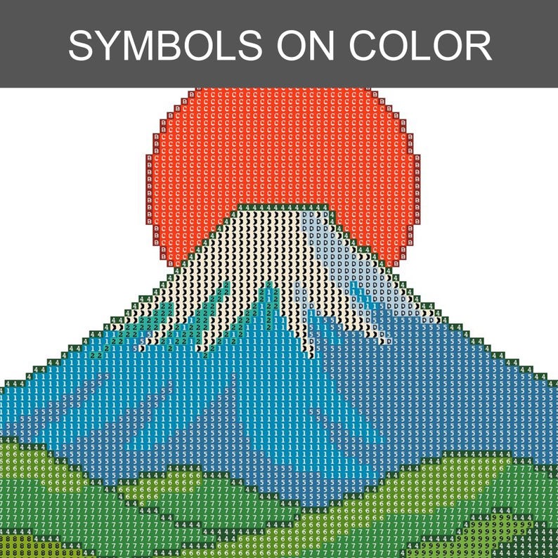 Op de afbeelding: Een diamond painting patroon met het label SYMBOLS ON COLOR met een afbeelding van een berg met een grote rode zon erachter. Het ontwerp bestaat uit een raster van kleine vierkantjes, elk met een letter of cijfer dat bij een kleur hoort.