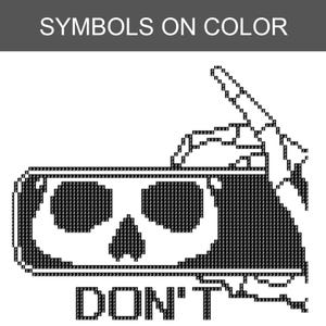 May include: A black and white pixel art pattern titled SYMBOLS ON COLOR featuring a skull design with a diagonal line through it and the text DON'T below. The image is composed of a grid of small squares, each marked with the number 3.