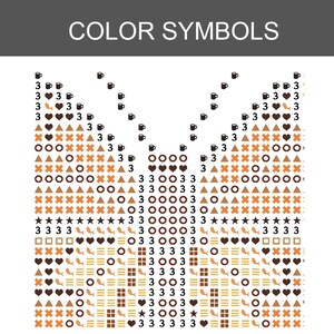 May include: A cross-stitch pattern chart titled COLOR SYMBOLS featuring a butterfly design composed of various brown and orange icons including hearts, circles, triangles, stars, squares, and coffee mugs arranged in a grid on a white background.