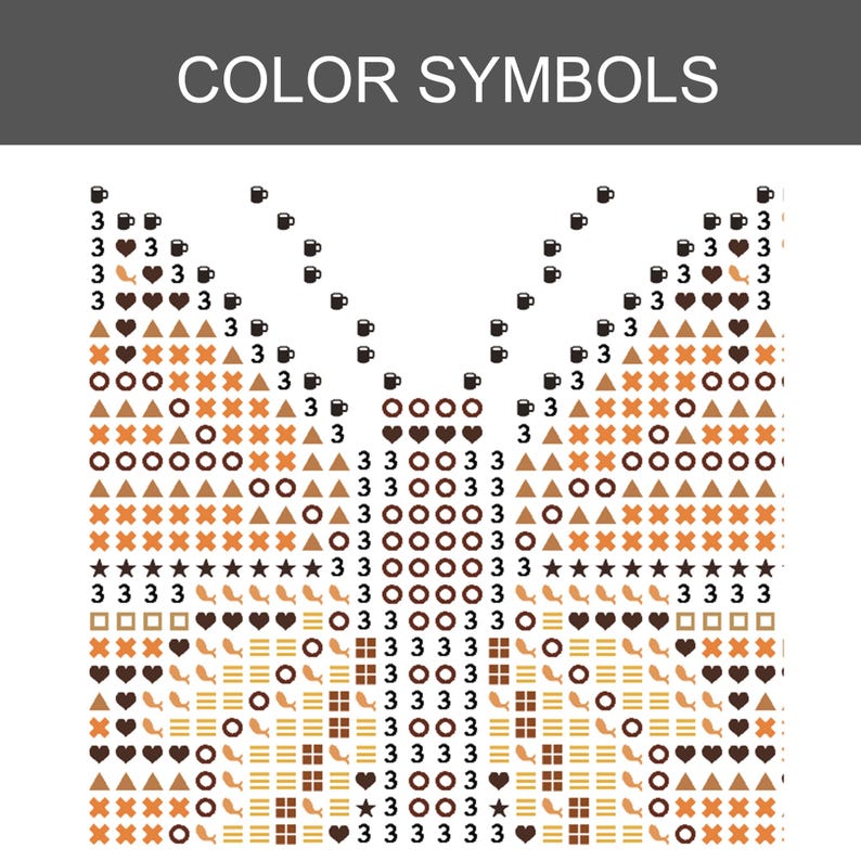 May include: A cross-stitch pattern chart titled COLOR SYMBOLS featuring a butterfly design composed of various brown and orange icons including hearts, circles, triangles, stars, squares, and coffee mugs arranged in a grid on a white background.