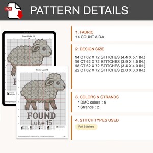 K&ouml;nnte beinhalten: Ein digitales Kreuzstichmuster mit dem Titel Found Luke 15 und einer Schaf-Illustration. Details umfassen 14-Count-Aida-Stoff, Designgr&ouml;&szlig;en f&uuml;r 14, 16, 18 und 22 Count, 9 DMC-Farben, 2 F&auml;den und die Verwendung von ganzen Kreuzstichen.