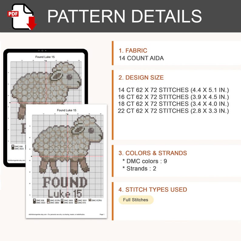 K&ouml;nnte beinhalten: Ein digitales Kreuzstichmuster mit dem Titel Found Luke 15 und einer Schaf-Illustration. Details umfassen 14-Count-Aida-Stoff, Designgr&ouml;&szlig;en f&uuml;r 14, 16, 18 und 22 Count, 9 DMC-Farben, 2 F&auml;den und die Verwendung von ganzen Kreuzstichen.