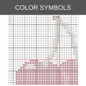 May include: A cross stitch pattern chart titled COLOR SYMBOLS featuring a white grid with black lines. The design includes small icons of coffee cups, green leaves, red stars, and horizontal lines arranged to form a specific graphic shape.