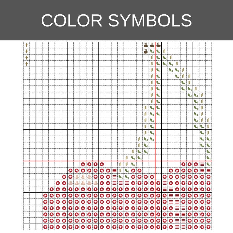 May include: A cross stitch pattern chart titled COLOR SYMBOLS featuring a white grid with black lines. The design includes small icons of coffee cups, green leaves, red stars, and horizontal lines arranged to form a specific graphic shape.