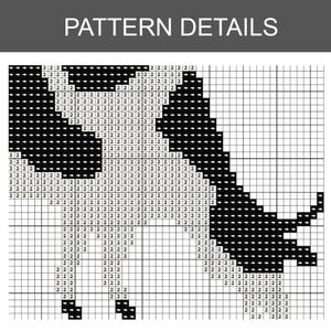 Pode incluir: Um gr&aacute;fico de padr&atilde;o de ponto cruz com o texto "PATTERN DETAILS" no topo. O gr&aacute;fico apresenta um design em preto e branco, com n&uacute;meros e s&iacute;mbolos indicando a coloca&ccedil;&atilde;o dos pontos. O design parece ser uma imagem estilizada.