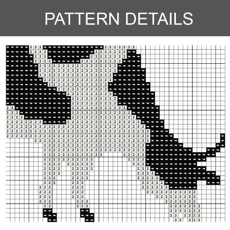 Pode incluir: Um gr&aacute;fico de padr&atilde;o de ponto cruz com o texto "PATTERN DETAILS" no topo. O gr&aacute;fico apresenta um design em preto e branco, com n&uacute;meros e s&iacute;mbolos indicando a coloca&ccedil;&atilde;o dos pontos. O design parece ser uma imagem estilizada.