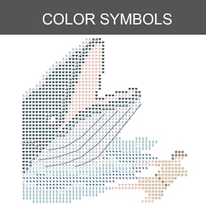 May include: A cross-stitch pattern chart titled COLOR SYMBOLS featuring a grid of various symbols including letters, hearts, and geometric shapes in shades of blue, brown, and pink, organized to guide the placement of colored embroidery thread.