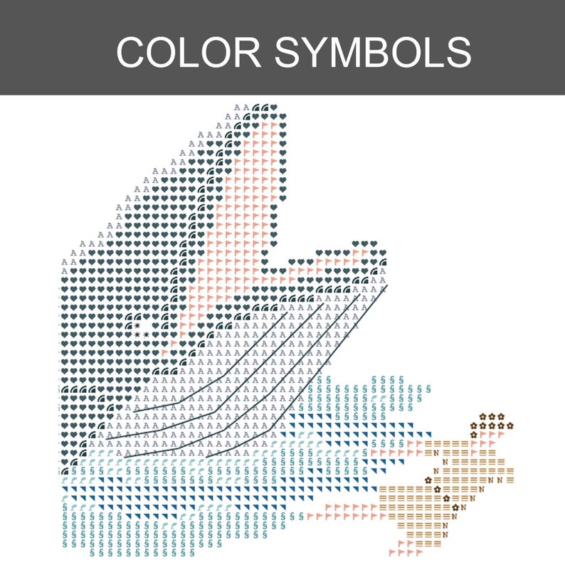 May include: A cross-stitch pattern chart titled COLOR SYMBOLS featuring a grid of various symbols including letters, hearts, and geometric shapes in shades of blue, brown, and pink, organized to guide the placement of colored embroidery thread.