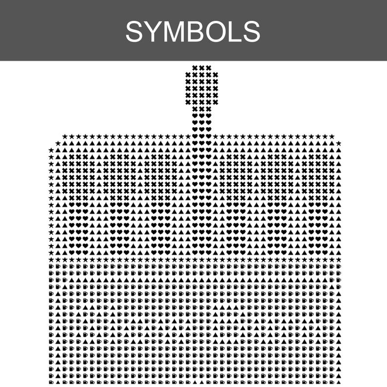 Puede incluir: Un dise&ntilde;o gr&aacute;fico rectangular con la etiqueta SYMBOLS en la parte superior, que presenta una cuadr&iacute;cula de iconos negros que incluyen estrellas, tri&aacute;ngulos, corazones, cruces y tazas dispuestos en filas para formar un cuadrado con una extensi&oacute;n.