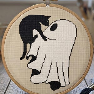 Black Cat and Ghost Cross Stitch Pattern | Spooky Needlepoint | Instant Download PDF image 1
