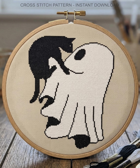 Black Cat and Ghost Cross Stitch Pattern | Spooky Needlepoint | Instant Download PDF