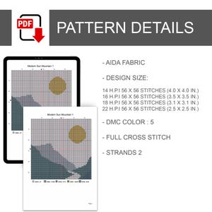 Peut inclure: Un mod&egrave;le de point de croix num&eacute;rique intitul&eacute; Modern Sun Mountain 1, montrant une grille avec un soleil et des montagnes. Le texte indique AIDA FABRIC, DESIGN SIZE avec des mesures en pouces pour 14, 16, 18 et 22 H.P.I, DMC COLOR: 5, FULL CROSS STITCH et STRANDS 2.