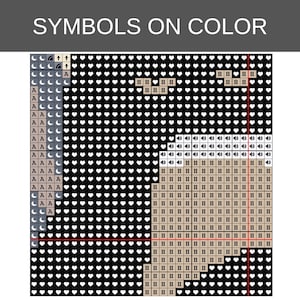 Op de afbeelding: Een kruissteekpatroon met de titel SYMBOLS ON COLOR, bestaande uit een raster van zwarte vierkanten met witte hartjes, lichtgrijze vierkanten met maansikkels en de letter A, en beige vierkanten met de letter H en luidsprekerpictogrammen.