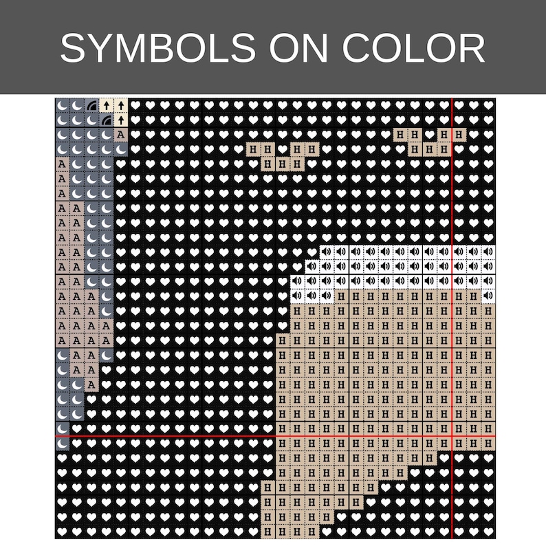 Op de afbeelding: Een kruissteekpatroon met de titel SYMBOLS ON COLOR, bestaande uit een raster van zwarte vierkanten met witte hartjes, lichtgrijze vierkanten met maansikkels en de letter A, en beige vierkanten met de letter H en luidsprekerpictogrammen.