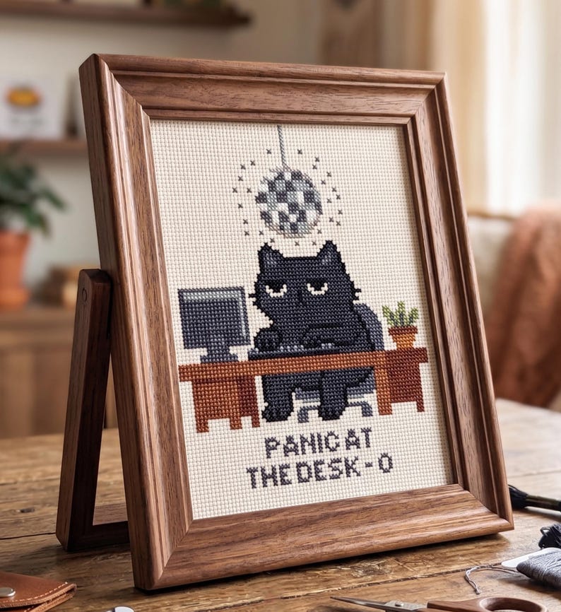 Puede incluir: Un bordado en punto de cruz enmarcado que muestra un gato negro sentado en un escritorio con una computadora y una bola de discoteca arriba. El texto PANIC AT THE DESK-O est&aacute; bordado en la parte inferior. La pieza tiene un marco de madera oscura.