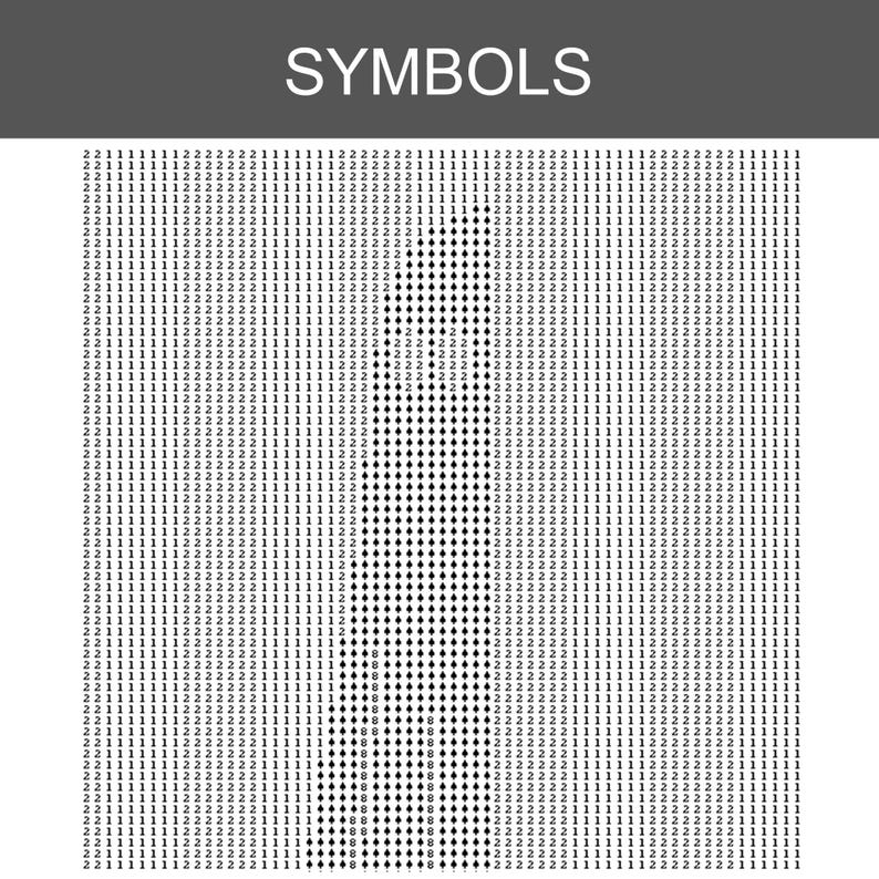 May include: A white rectangular chart titled SYMBOLS in a dark grey header bar. The main area features a dense grid of black numbers 1 and 2, interspersed with black diamond shapes and the number 8, forming a subtle, abstract vertical pattern.