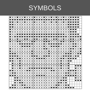 Puede incluir: Un patr&oacute;n de cuadr&iacute;cula cuadrada etiquetado como SYMBOLS en la parte superior, que presenta una disposici&oacute;n repetitiva de iconos de corazones negros y flechas hacia arriba, organizados en bloques peque&ntilde;os separados por l&iacute;neas gruesas.