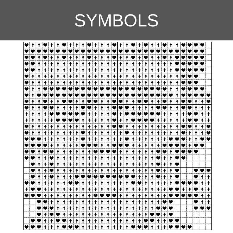 Puede incluir: Un patr&oacute;n de cuadr&iacute;cula cuadrada etiquetado como SYMBOLS en la parte superior, que presenta una disposici&oacute;n repetitiva de iconos de corazones negros y flechas hacia arriba, organizados en bloques peque&ntilde;os separados por l&iacute;neas gruesas.