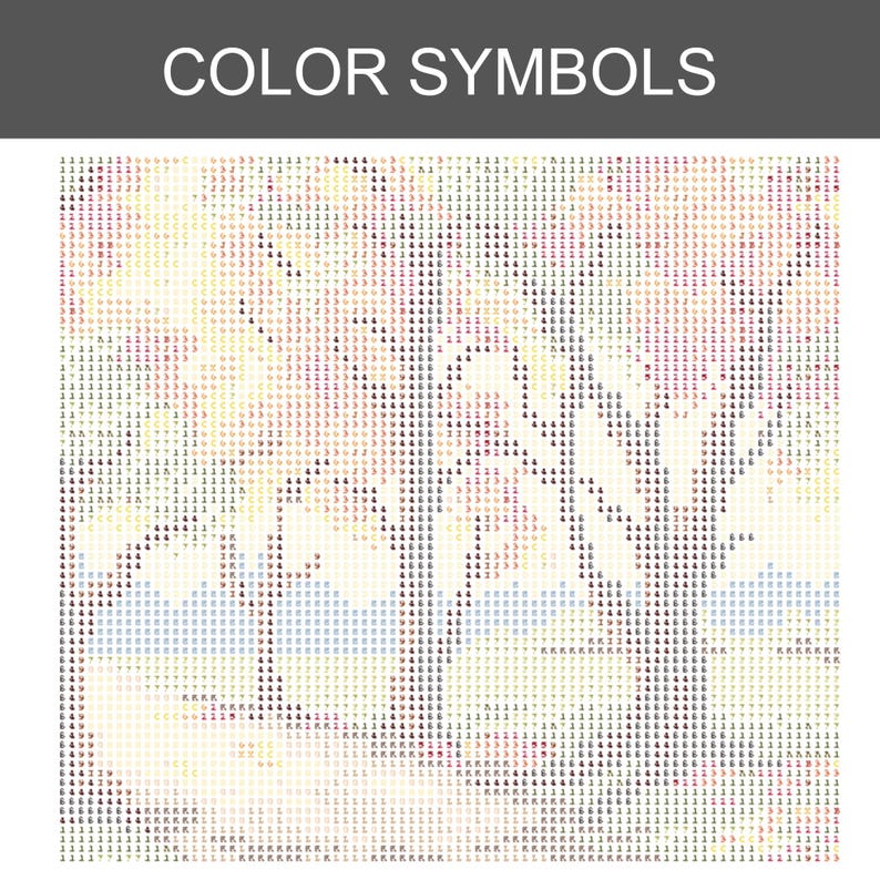 Puede incluir: Un gr&aacute;fico de patr&oacute;n de pintura de diamantes cuadrado con la etiqueta COLOR SYMBOLS en la parte superior. La cuadr&iacute;cula muestra un paisaje compuesto por caracteres alfanum&eacute;ricos y s&iacute;mbolos en tonos negro, gris, amarillo, rosa y azul.