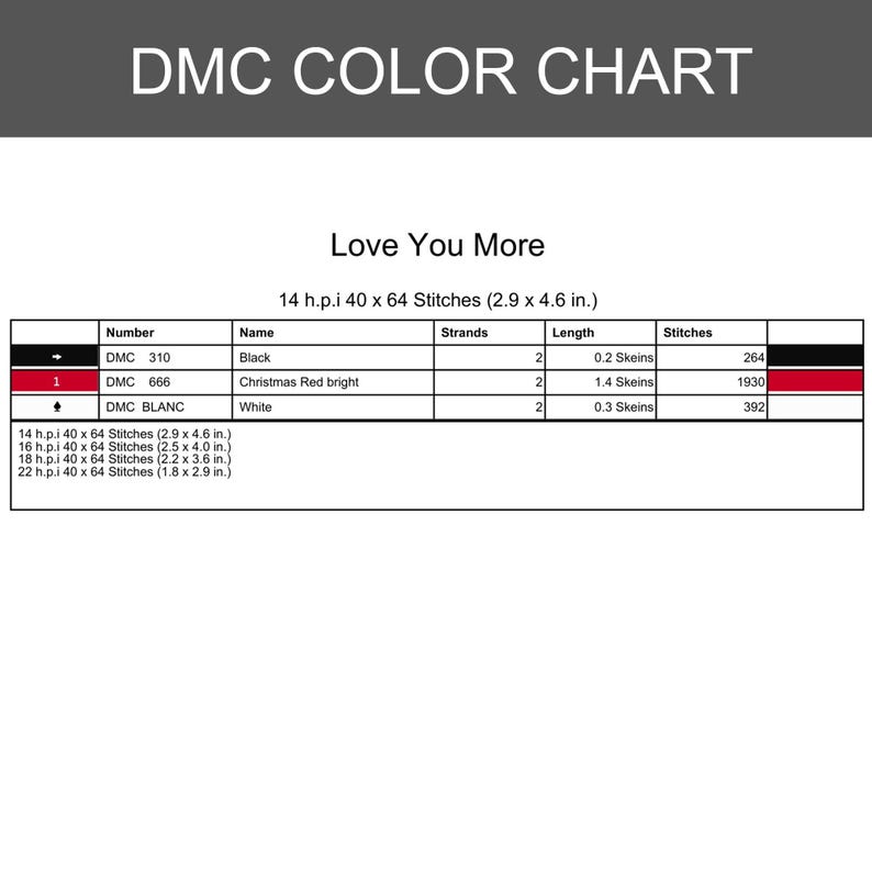 Pu&ograve; includere: Una tabella colori DMC per uno schema a punto croce intitolato Love You More. La tabella elenca DMC 310 Nero, DMC 666 Rosso Natale brillante e DMC BLANC Bianco, includendo fili, lunghezze delle matassine e numero di punti per tela 14 h.p.i.