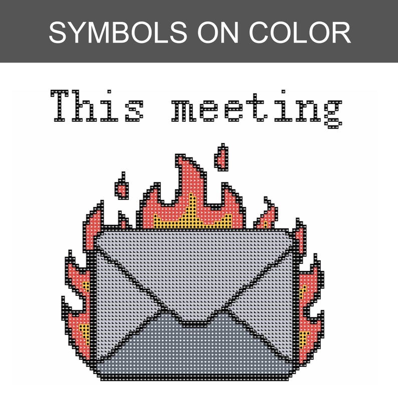 Pode incluir: Um padr&atilde;o de ponto cruz com o texto "This meeting" em fonte pixelada preta sobre um envelope cinza envolto em chamas. O fogo &eacute; representado em tons de vermelho, laranja e amarelo, com um cabe&ccedil;alho cinza escuro "SYMBOLS ON COLOR".