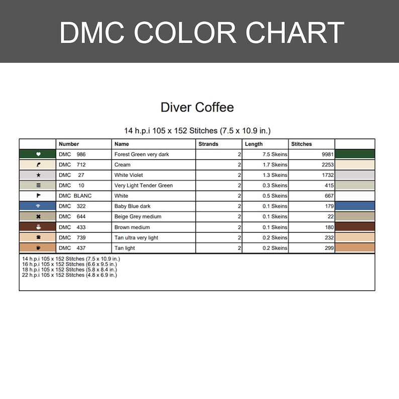 Puede incluir: Una tabla de colores DMC titulada Diver Coffee con una lista de n&uacute;meros de hilo, nombres, n&uacute;mero de hebras, longitudes de madejas y recuento de puntadas. La tabla especifica 14 h.p.i 105 x 152 puntadas que miden 19,05 x 27,69 cm.