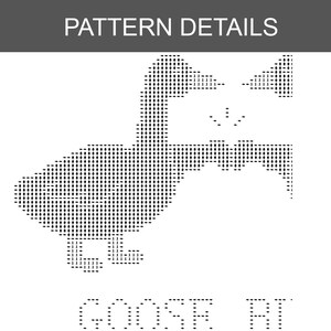 Puede incluir: Un patr&oacute;n pixelado en blanco y negro que muestra la silueta de un ganso compuesta por peque&ntilde;os s&iacute;mbolos y el n&uacute;mero 1. El texto PATTERN DETAILS aparece en la parte superior y el texto parcial GOOSE RI es visible en la parte inferior.