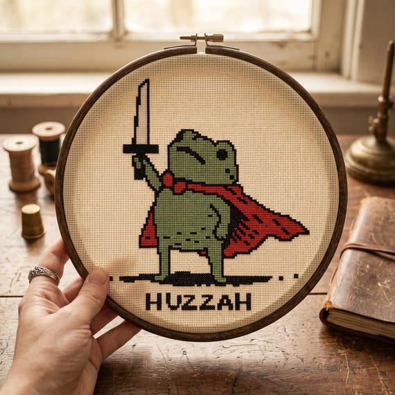 Frog Knight Cross Stitch Pattern, Huzzah Meme with Red Cape, Funny Needlepoint, Instant Download PDF