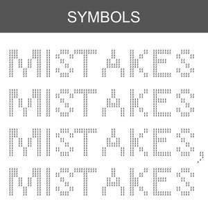 K&ouml;nnte beinhalten: Eine digitale Grafik mit dem Wort SYMBOLS in wei&szlig;em Text auf einem dunkelgrauen Balken, gefolgt von vier Zeilen des Wortes MISTAKES. Jeder Buchstabe wird durch die Wiederholung der Zahlen 1, 2 oder 3 gebildet, was ein verpixeltes Muster ergibt.