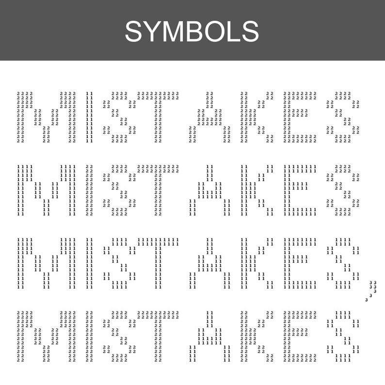 K&ouml;nnte beinhalten: Eine digitale Grafik mit dem Wort SYMBOLS in wei&szlig;em Text auf einem dunkelgrauen Balken, gefolgt von vier Zeilen des Wortes MISTAKES. Jeder Buchstabe wird durch die Wiederholung der Zahlen 1, 2 oder 3 gebildet, was ein verpixeltes Muster ergibt.