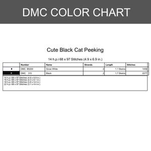 May include: A DMC color chart for a cross-stitch pattern titled Cute Black Cat Peeking. The table lists DMC B5200 Snow White and DMC 310 Black, including strand counts, skein lengths, and stitch counts for 14 h.p.i. fabric measuring 4.9 by 6.9 inches.