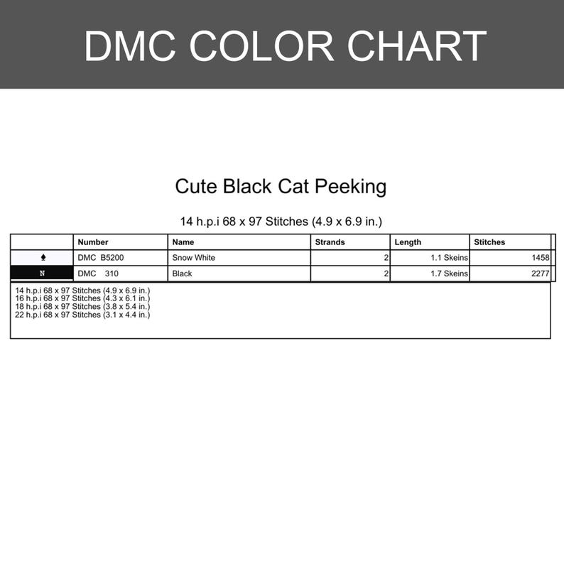 May include: A DMC color chart for a cross-stitch pattern titled Cute Black Cat Peeking. The table lists DMC B5200 Snow White and DMC 310 Black, including strand counts, skein lengths, and stitch counts for 14 h.p.i. fabric measuring 4.9 by 6.9 inches.