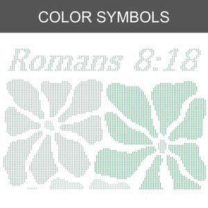 May include: A graphic design with the text "COLOR SYMBOLS" at the top. Below, the text "Romans 8:18" is displayed. The design includes floral patterns in shades of green and grey, created with small, pixelated elements.
