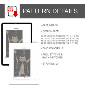May include: A digital cross-stitch pattern titled Wizard Cat, displayed on a tablet and a printed page. The design features a cat in a wizard hat and robe holding a star-tipped wand. Text lists Aida fabric, design sizes in inches, 2 DMC colours, and stitch types.