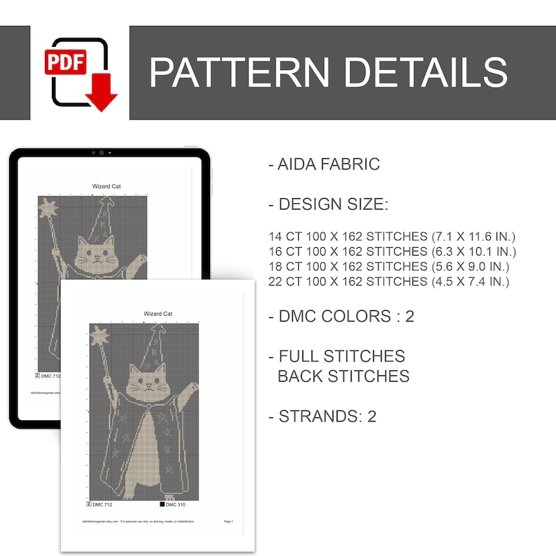 May include: A digital cross-stitch pattern titled Wizard Cat, displayed on a tablet and a printed page. The design features a cat in a wizard hat and robe holding a star-tipped wand. Text lists Aida fabric, design sizes in inches, 2 DMC colours, and stitch types.