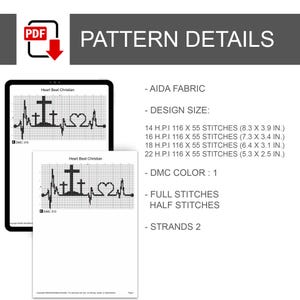 May include: A digital cross-stitch pattern titled Heart Beat Christian featuring a heartbeat line with crosses and a heart shape. Details include Aida fabric, design sizes for 14, 16, 18, and 22 H.P.I. in inches, DMC color 1, full and half stitches, and 2 strands.