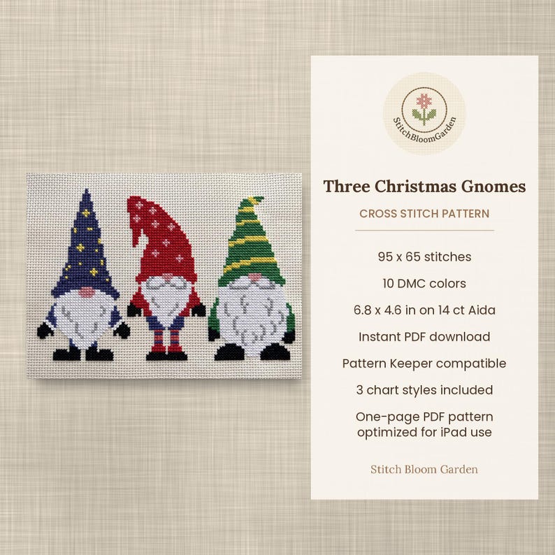 Op de afbeelding: Een kruissteekpatroon getiteld Three Christmas Gnomes met drie kabouters met witte baarden en blauwe, rode en groene mutsen. De tekst bevat 95 x 65 steken, 10 DMC-kleuren, 17,3 x 11,7 cm op 14 ct Aida en details over de PDF-download.