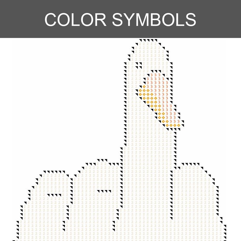 Peut inclure: Un mod&egrave;le de point de croix intitul&eacute; COLOR SYMBOLS repr&eacute;sentant la silhouette d'une oie blanche. Le motif utilise des triangles noirs pour les contours, des chiffres 2 gris clair pour le corps et des chiffres 3 orange pour le bec sur une grille.